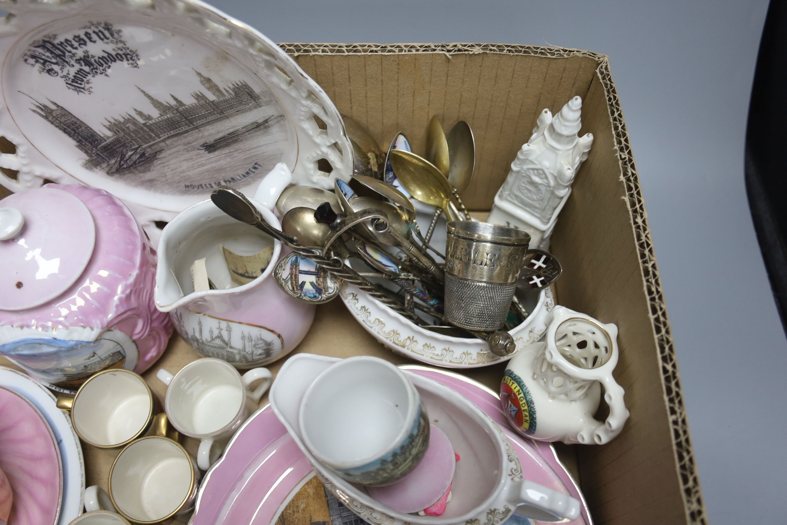 A group of late 19th century Brighton and London souvenir porcelain wares including crested wares